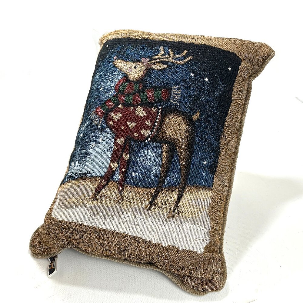Fashion Square Reindeer Christmas Pillow 1990s Reindeer Wearing Scarf Vintage